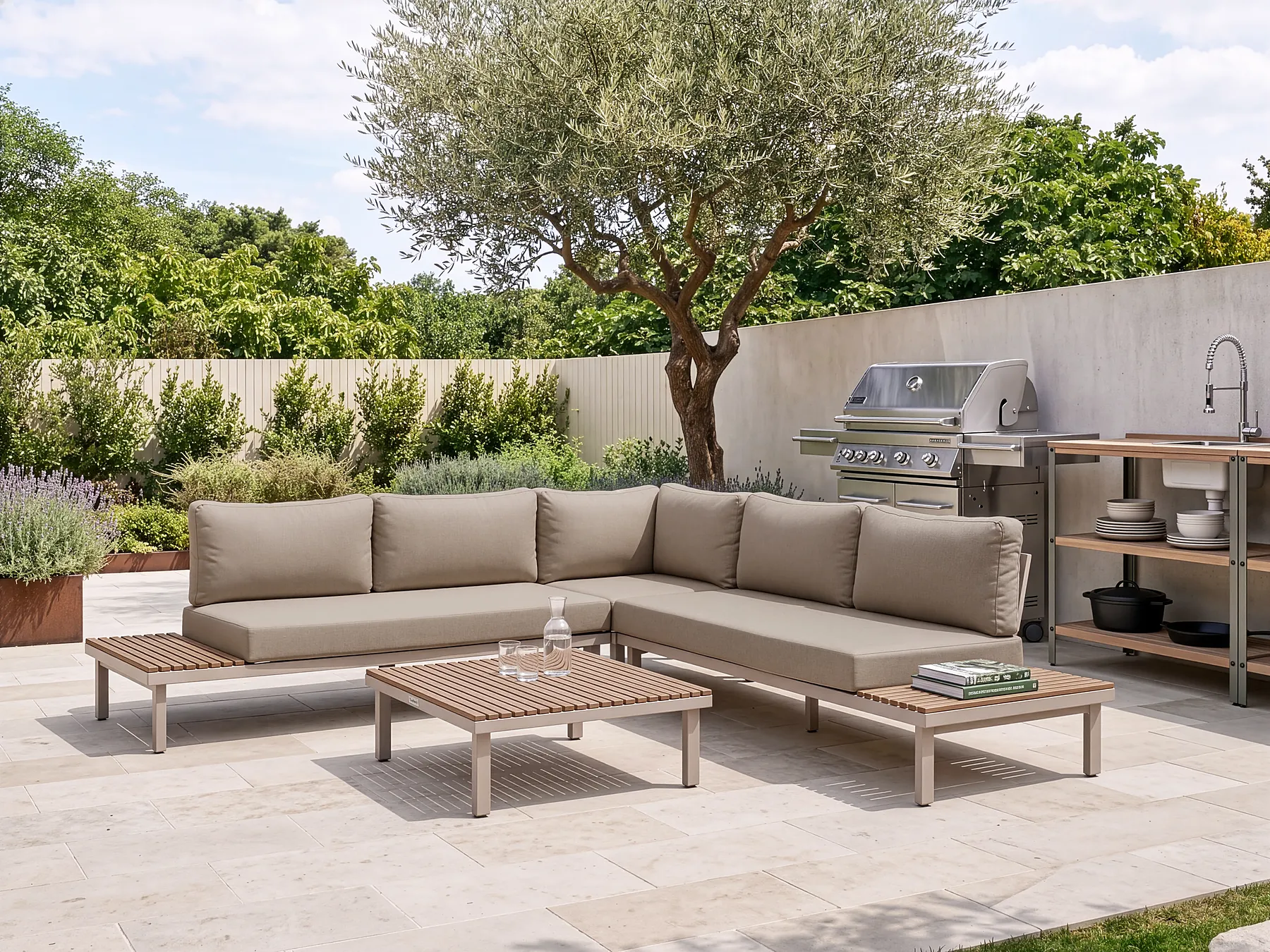 Garden Corner Sofa with Table 5 Seater FIVIZZANO Acacia Wood Beige_1159258
