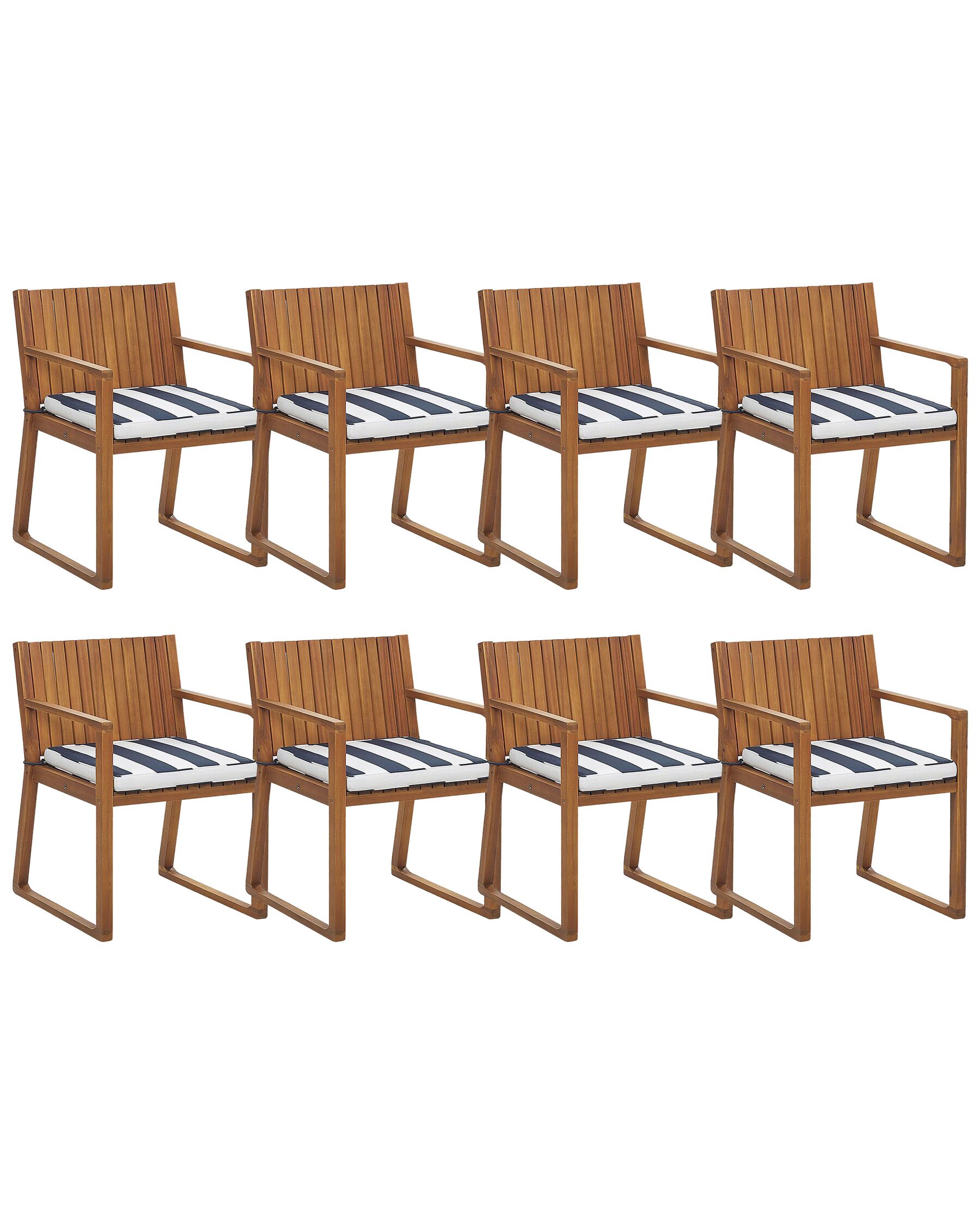 Set of 8 Acacia Wood Garden Dining Chairs with Navy Blue and White Cushions SASSARI_774891