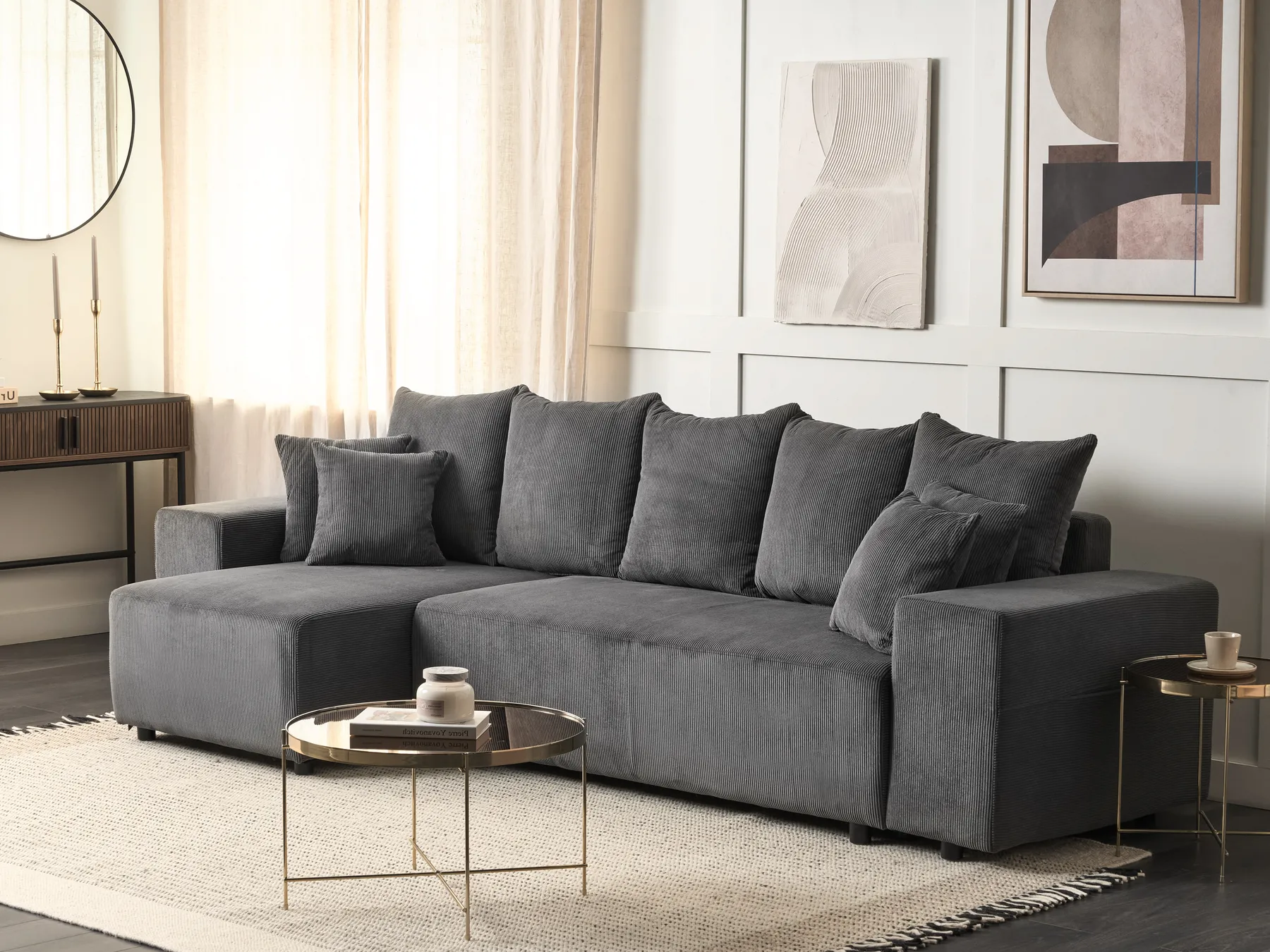 Corner Sofa Bed 3 Seater LUSPA with Storage Corduroy Dark Grey Right Hand_898720