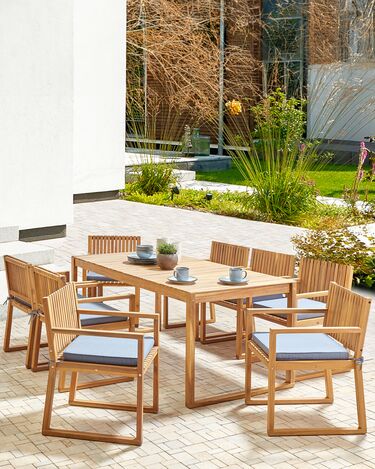 Set of 8 Certified Acacia Wood Garden Dining Chairs with Blue Cushions SASSARI II