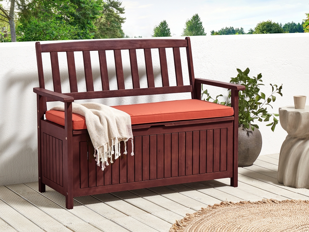 Acacia Wood Garden Bench with Storage 120 cm Mahogany Brown with Red Cushion SOVANA Beliani