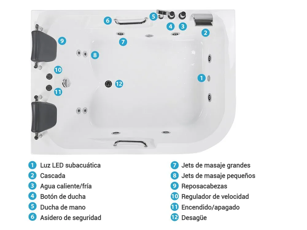 Bañera de hidromasaje LED esquinera BAYAMO 170 x 120 cm Blanco Derecha_821993