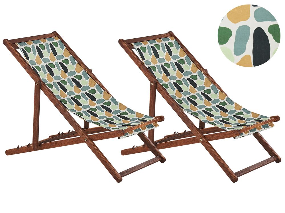 Set of 2 Acacia Folding Deck Chairs and 2 Replacement Fabrics Dark Wood with Off White Multicolour Geometric Pattern ANZIO Beliani.cz