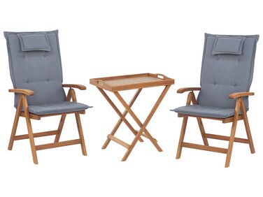 Set de terrasse table et 2 chaises en bois clair coussins bleus JAVA