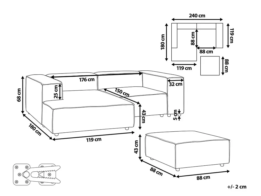 Modular Corner Sofa 2 Seater ARDAL with Ottoman Corduroy Taupe Right Hand_1011093