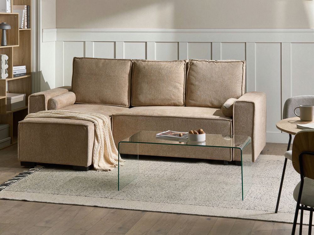 Corner Sofa Bed 3 Seater EDANE with Storage Fabric Beige Right Hand