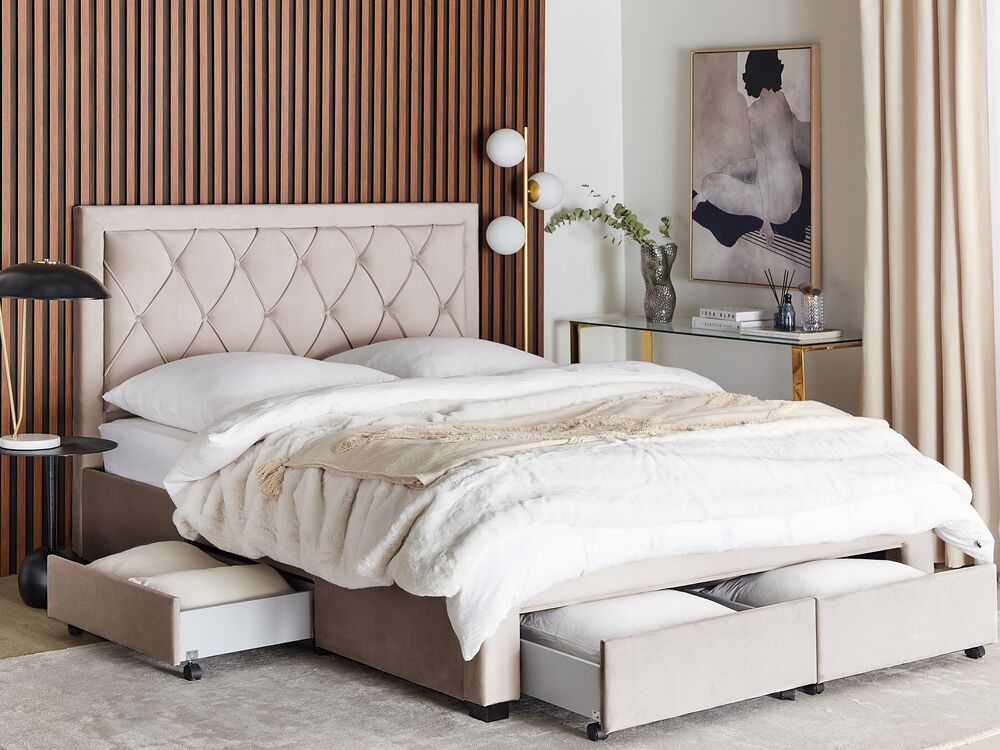 Säng med förvaringslådor LIEVIN Sammet Beige 160 x 200 cm