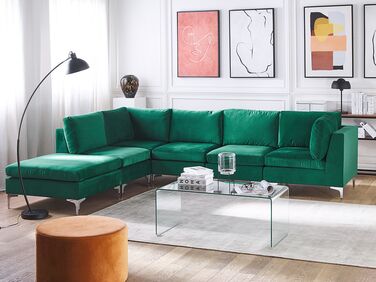 Right Hand 5 Seater Modular Velvet Corner Sofa with Ottoman Green EVJA