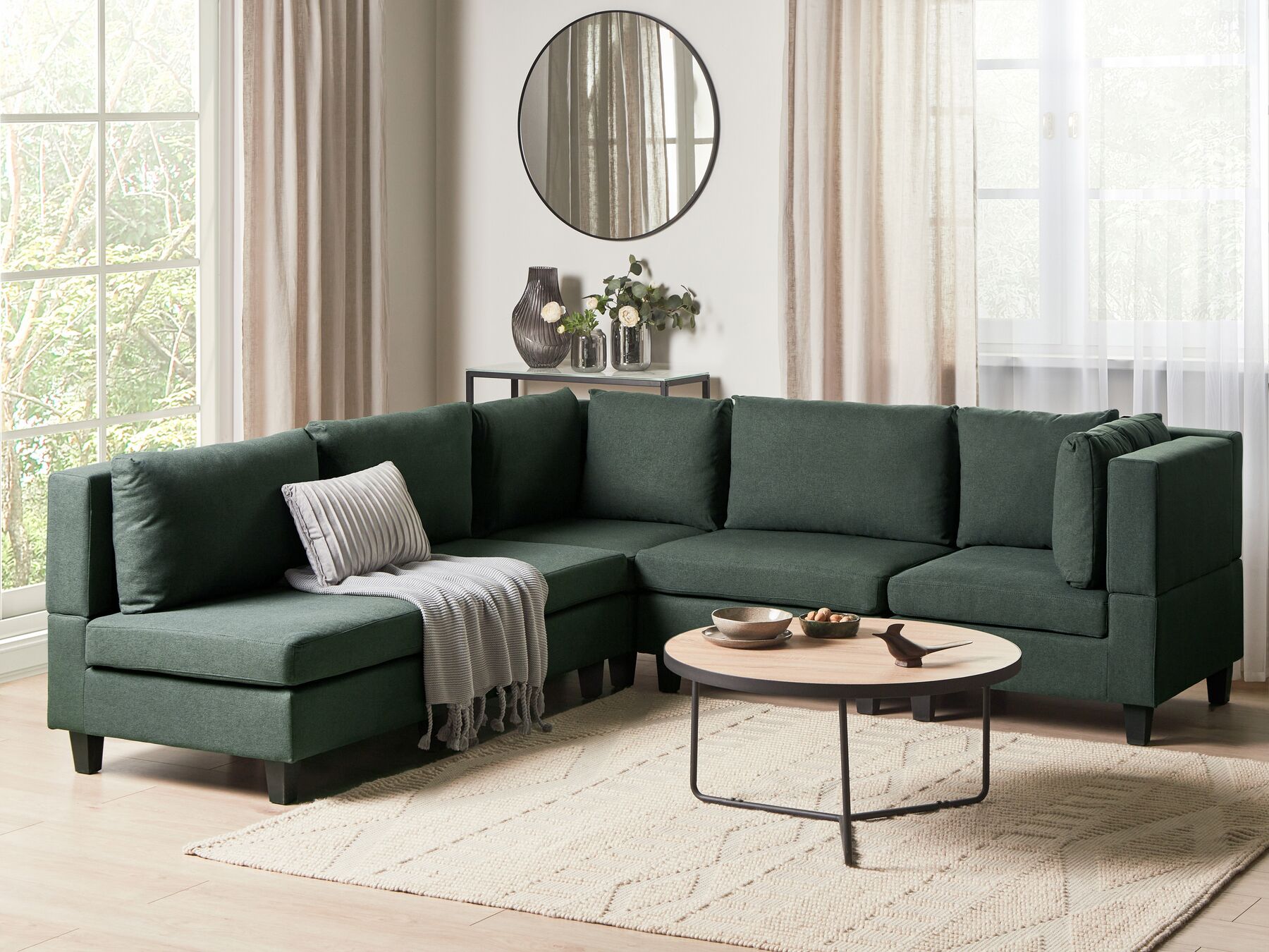 5 Seater Left Hand Modular Fabric Corner Sofa Dark Green UNSTAD_925500