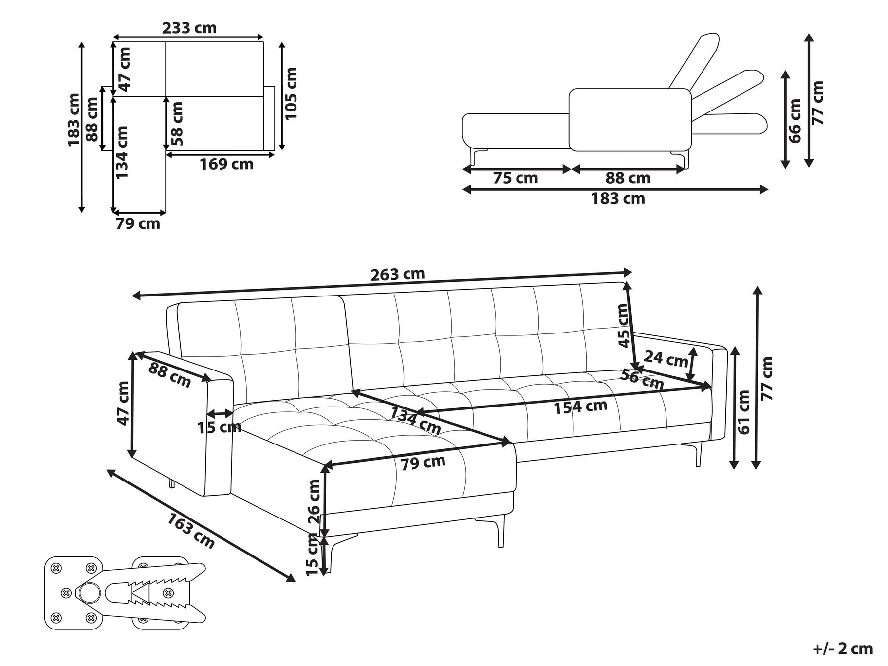 Right Hand Fabric Corner Sofa Bed White ALNES_953631