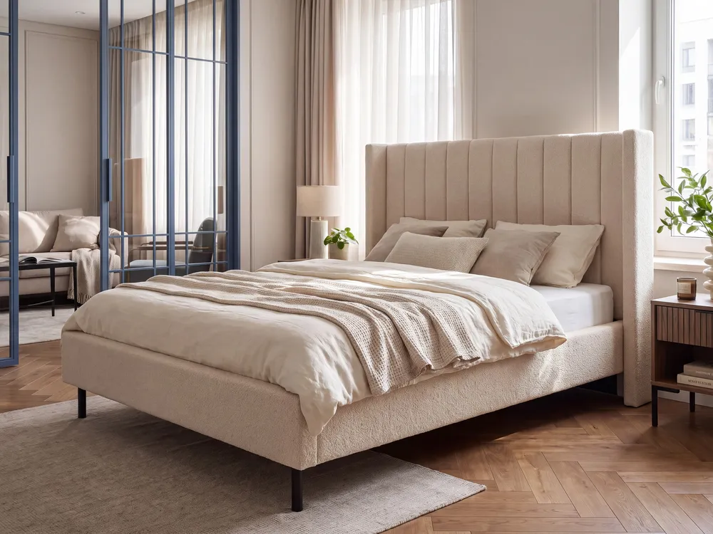 Bed Boucle VILLETTE 140 x 200 cm (EU Double) Beige_1153759