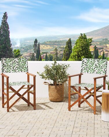 Set of 2 Acacia Folding Chairs and 2 Replacement Fabrics Dark Wood with Off-White / Leaf Pattern CINE