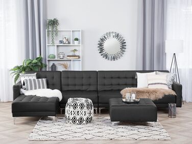 Right Hand Modular Faux Leather Sofa with Ottoman Black ABERDEEN