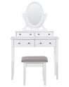 Toalettbord 4 lådor oval spegel och pall vit LUNE_786321