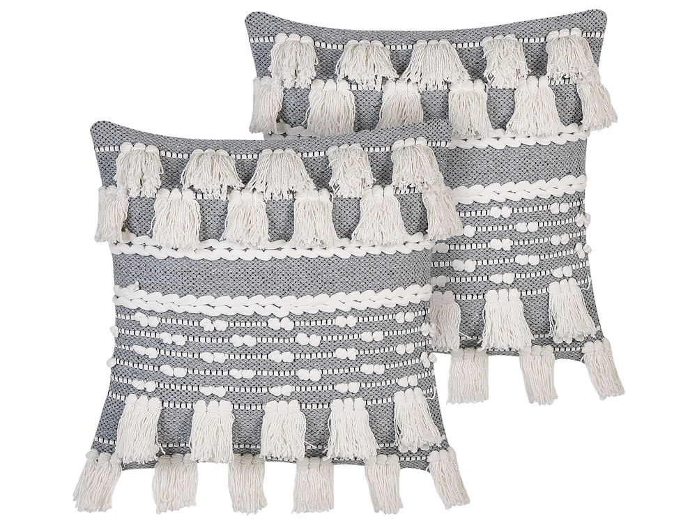 Set of 2 Cotton Cushions with Tassels 45 x 45 cm White and Grey BRAHEA Beliani