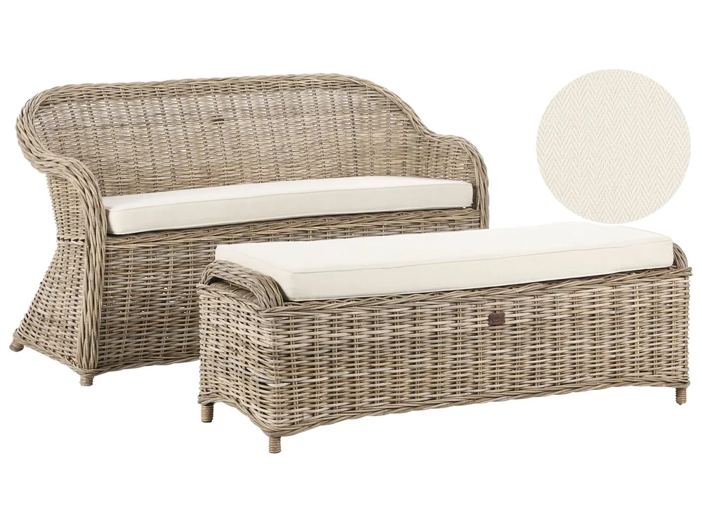 Ławka ogrodowa z poduchą SUSUA 141 cm z otomaną Rattan Naturalny