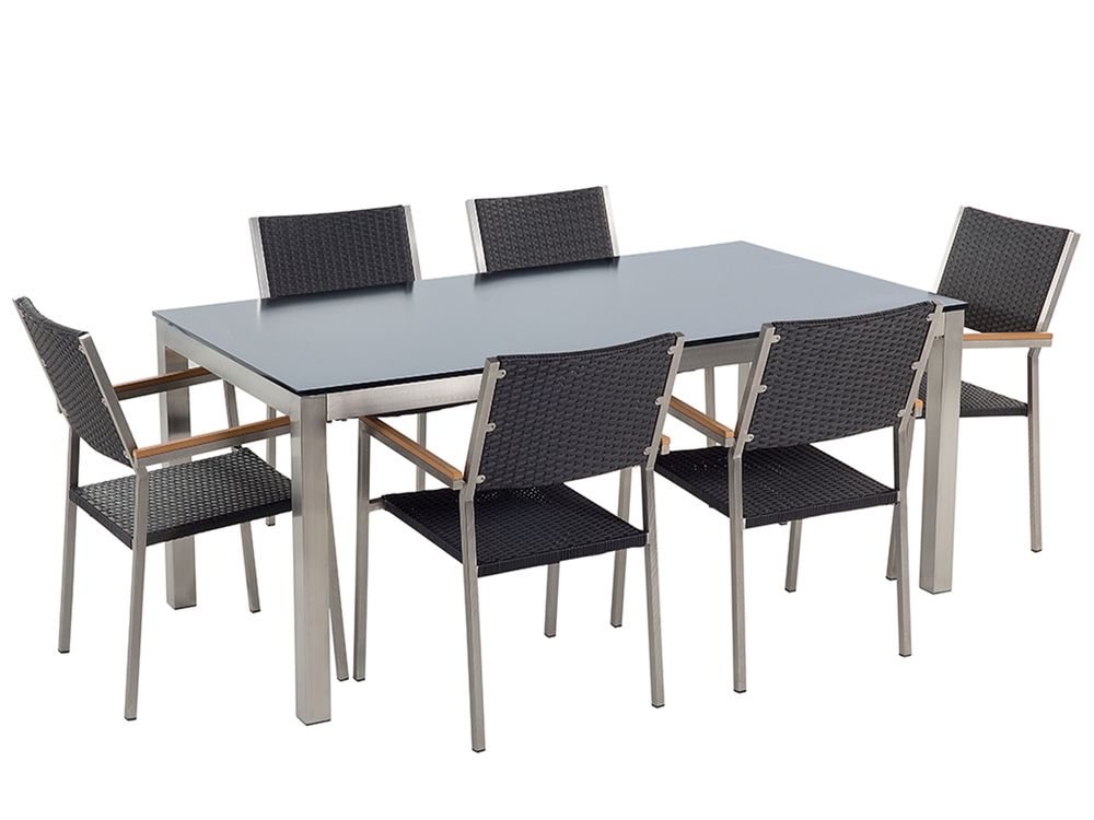 Garden Dining Set 6 Seater GROSSETO Tempered Glass Black