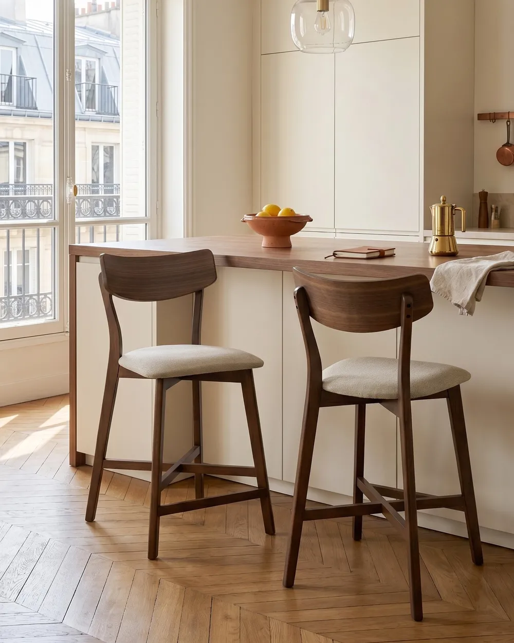 Set of 2 Bar Chairs HOLLY Wood Brown/ Beige