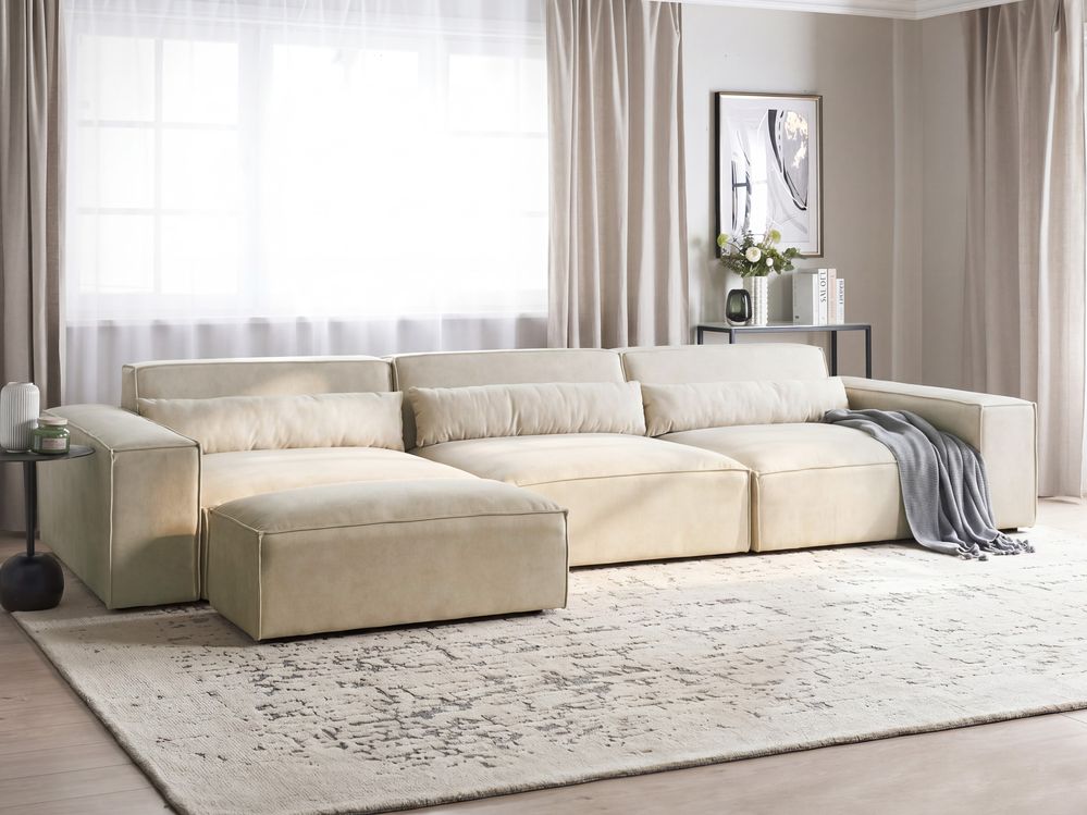 Modular Sofa 3 Seater HELLNAR with Ottoman Velvet Light Beige