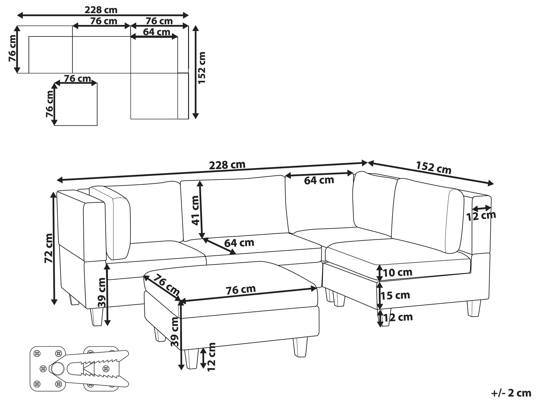 4 Seater Left Hand Modular Fabric Corner Sofa with Ottoman Light Beige UNSTAD_925334