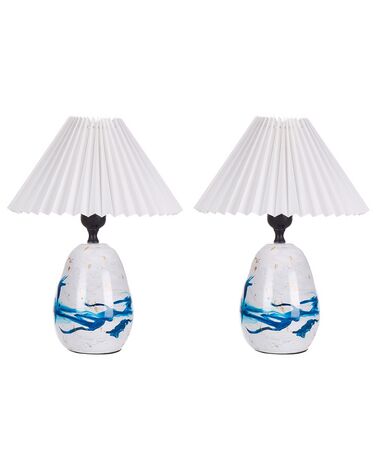 Set of 2 Ceramic Table Lamps White and Blue GENFEL