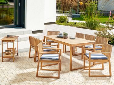 8 Seater Certified Acacia Wood Garden Dining Set with Navy Blue and White Cushions SASSARI II