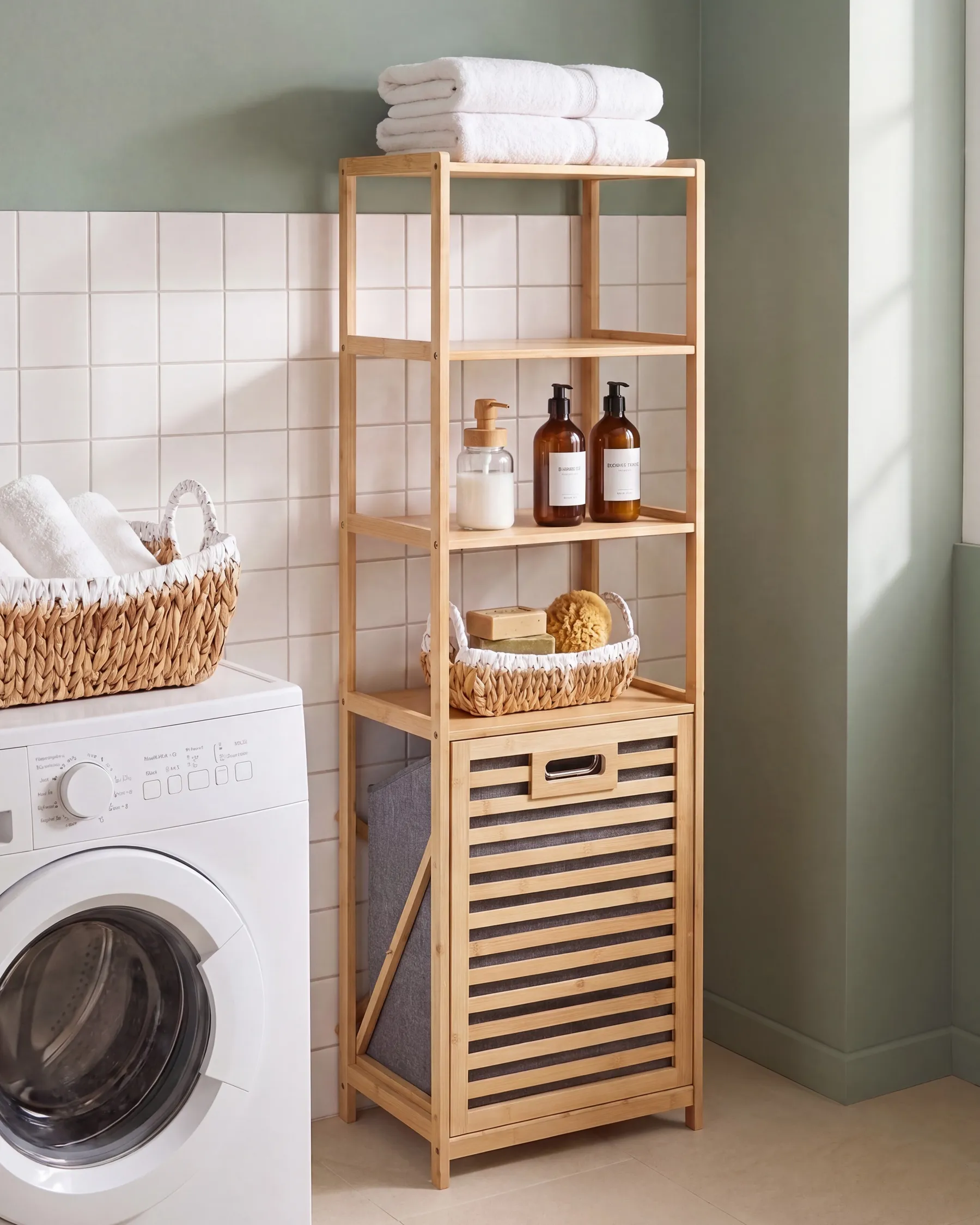 Tilt-Out Laundry Cabinet SAJAMA 40 cm with Shelves Bamboo Light Brown/ Grey_1136308