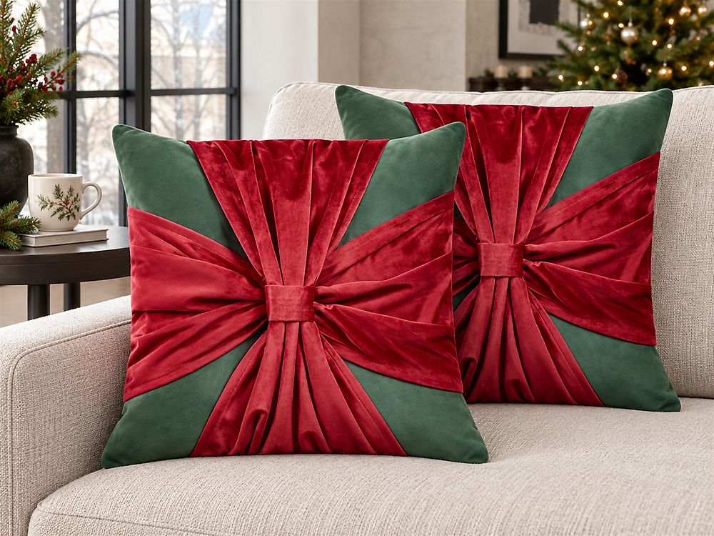 Set of 2 Decorative Cushions MARSHMALLOW 45 x 45 cm Velvet Red Green Christmas Motif