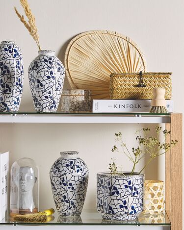 Stoneware Flower Vase 15 cm White with Navy Blue MYOS