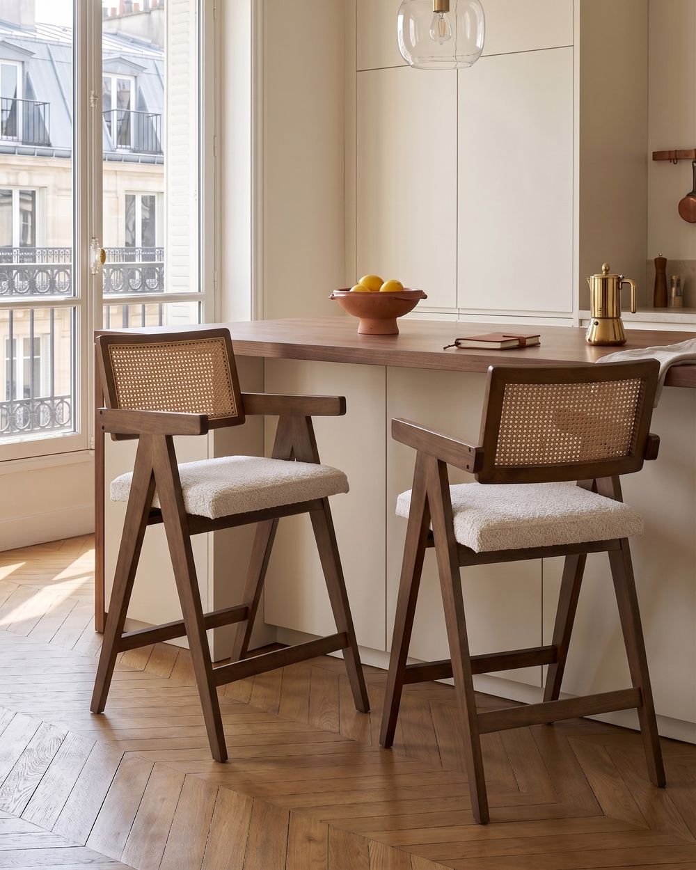 Set of 2 Bar Chairs AVA Wood Brown/ Light Beige