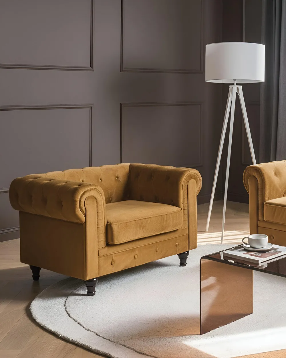 Fotel CHESTERFIELD Welur Złoty