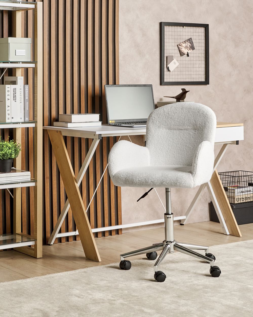 Chaise de bureau PRIDDY Bouclé Blanc cassé
