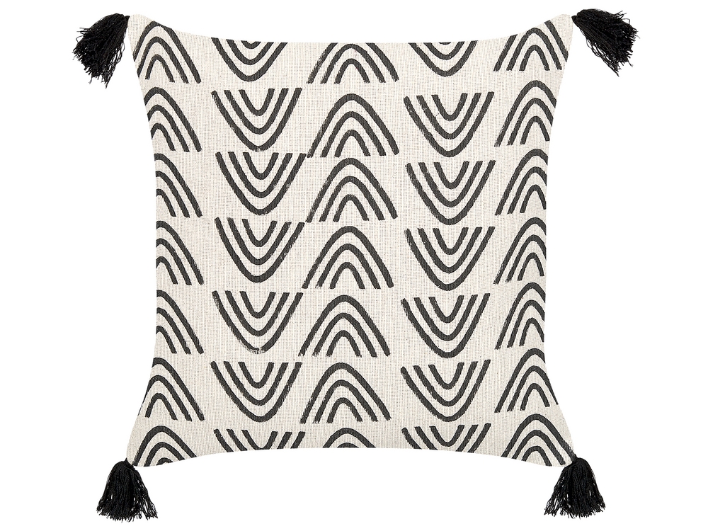 Cotton Cushion Geometric Pattern with Tassels 45 x 45 cm White and Black MAYS Beliani