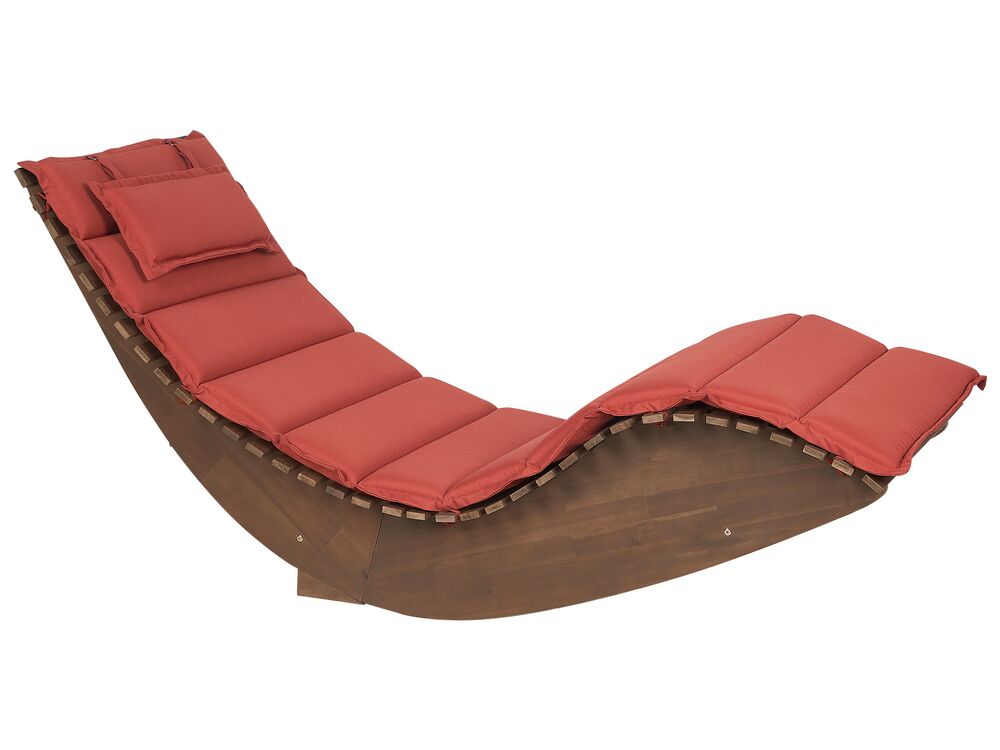 Acacia Wood Garden Sun Lounger Dark with Cushion Red BRESCIA Beliani.cz
