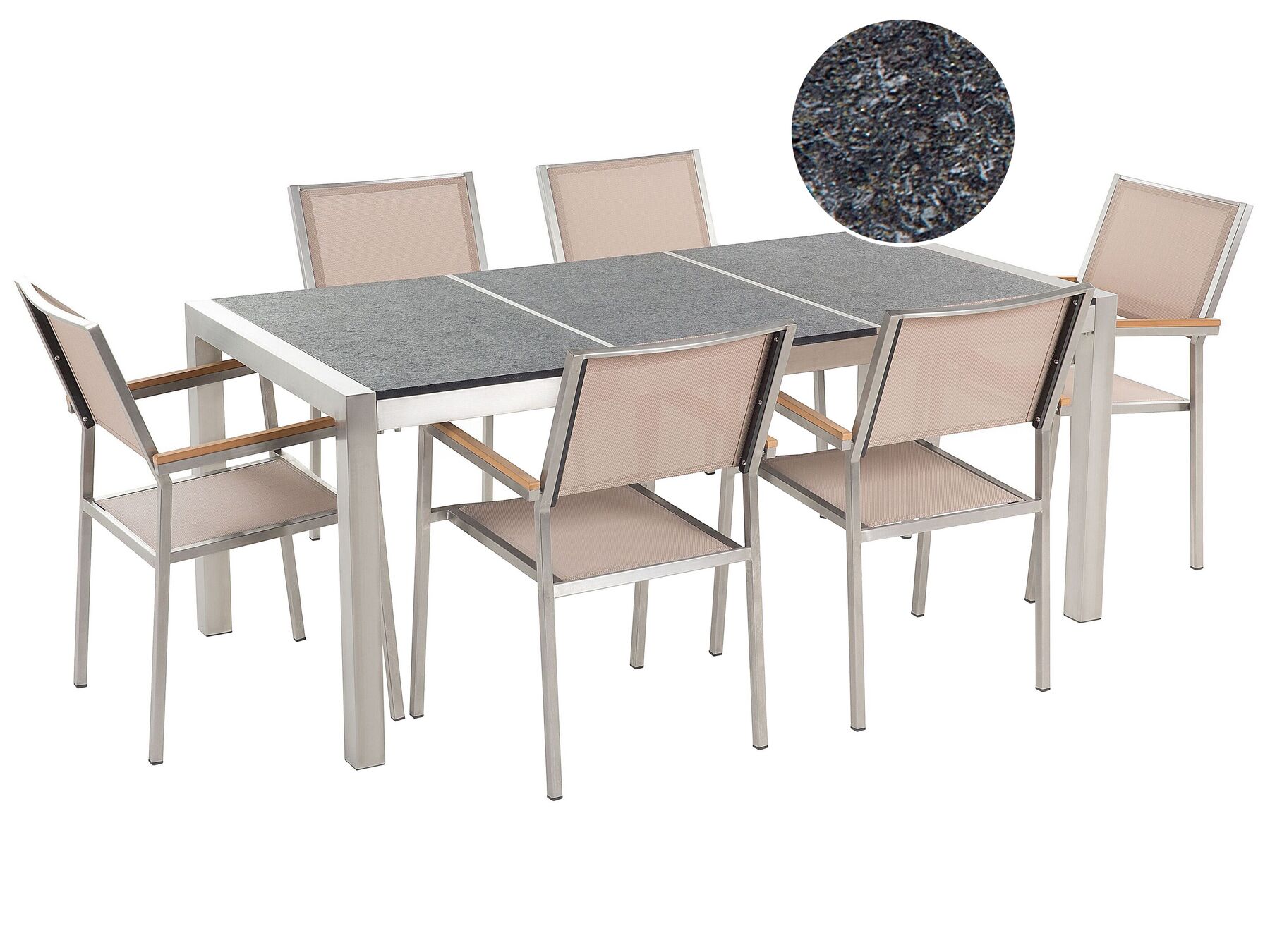 Hatszemélyes fekete égetett gránit étkezőasztal bézs textilén székekkel GROSSETO_396122