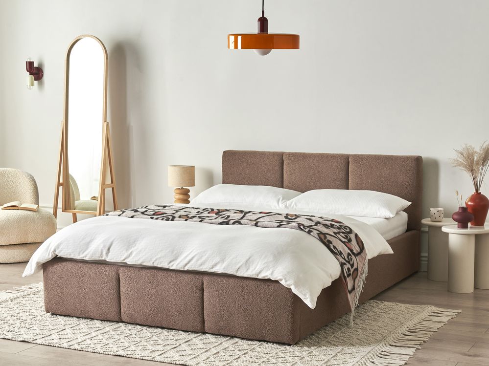 Seng med opbevaring BOUSSE Boucle Brungrå 140 x 200 cm
