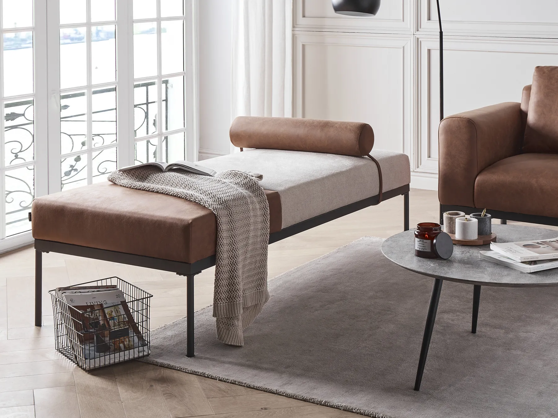 Chaise longue MALMOS Lino sintetico Pelle sintetica Marrone_931158