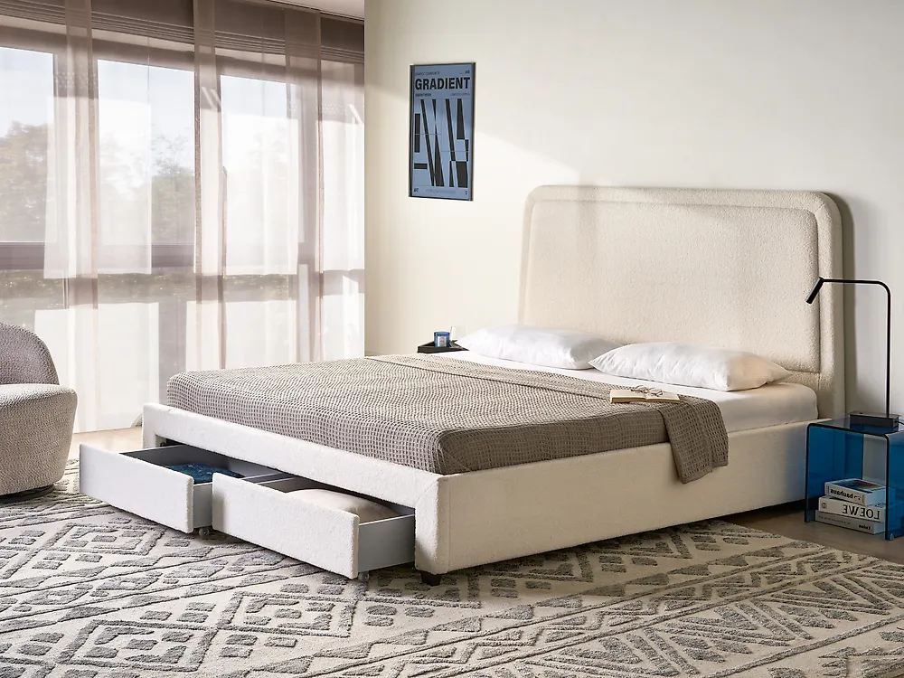 Bett mit Schubladen SARDENT Bouclé Cremeweiss 180 x 200 cm_1171498