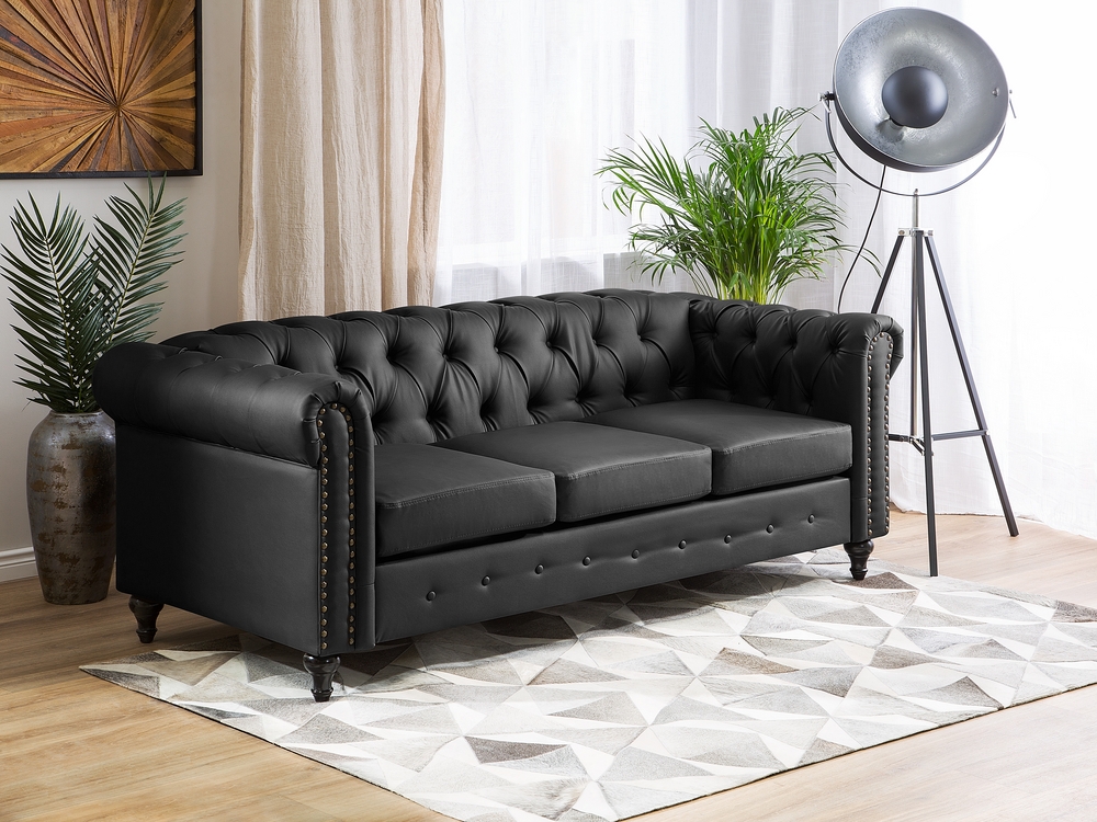 Black faux leather chesterfield sofa discount
