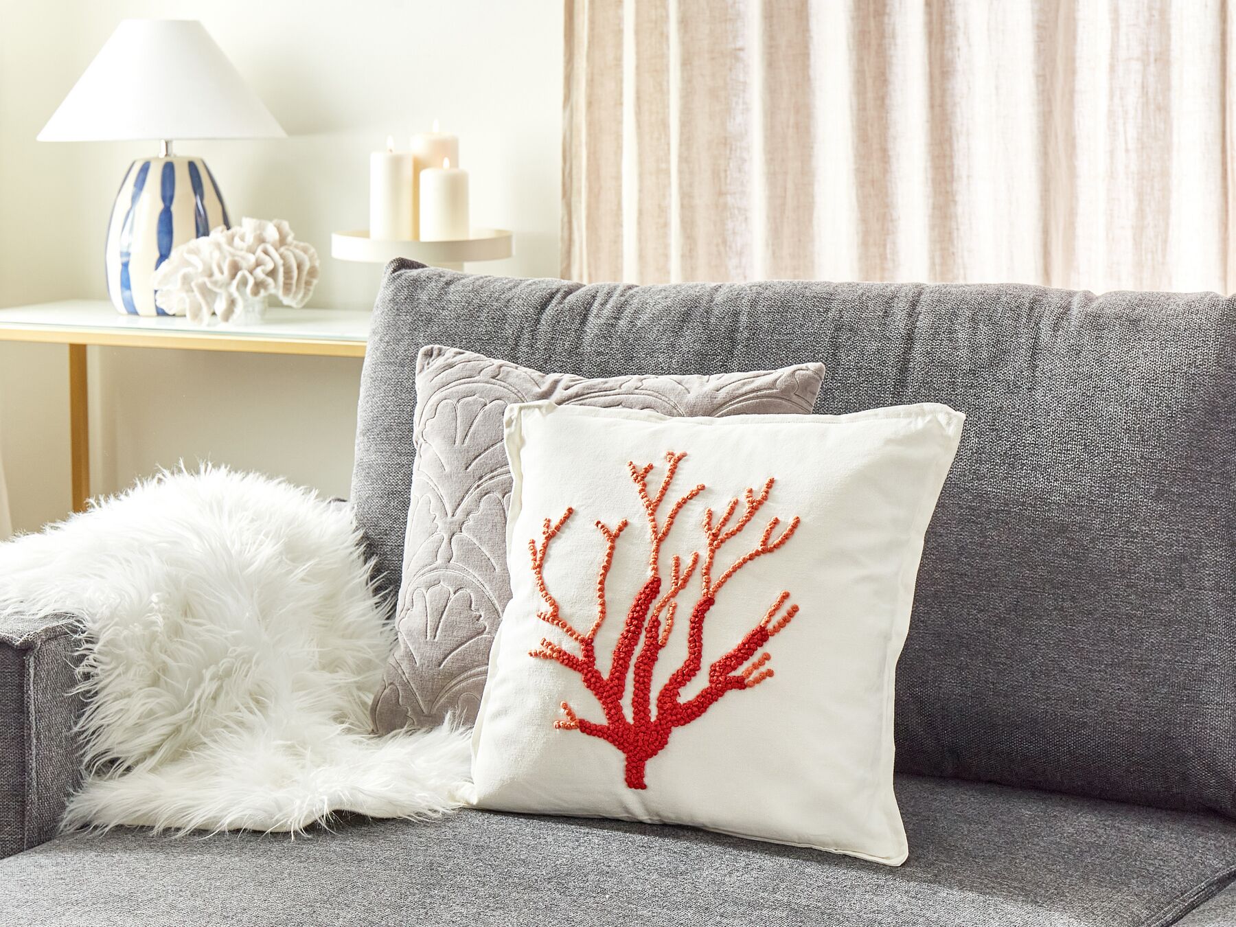 Cotton Cushion Coral Motif 45 x 45 cm White CORALIUM_893034