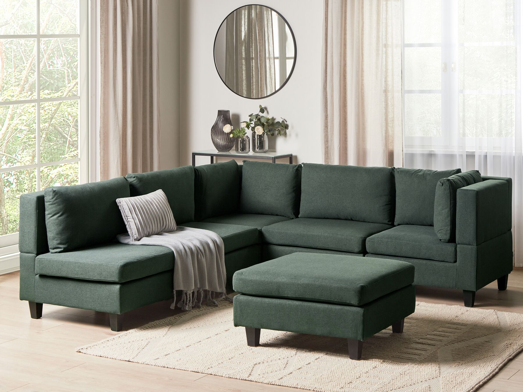 5 Seater Left Hand Modular Fabric Corner Sofa with Ottoman Dark Green UNSTAD_925526