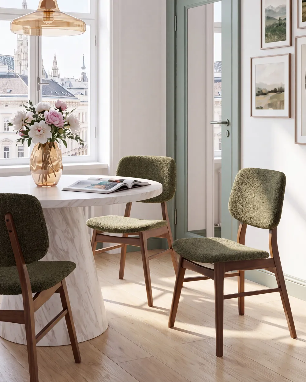 Set of 2 Dining Chairs ELAINE Boucle Dark Brown/ Green