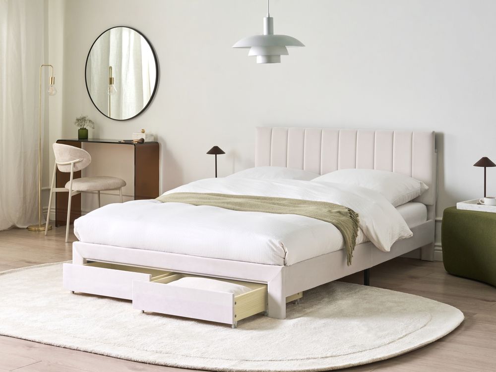 Bed with Storage Drawers LONZAC Velvet Off-White 140 x 200 cm (EU Double)