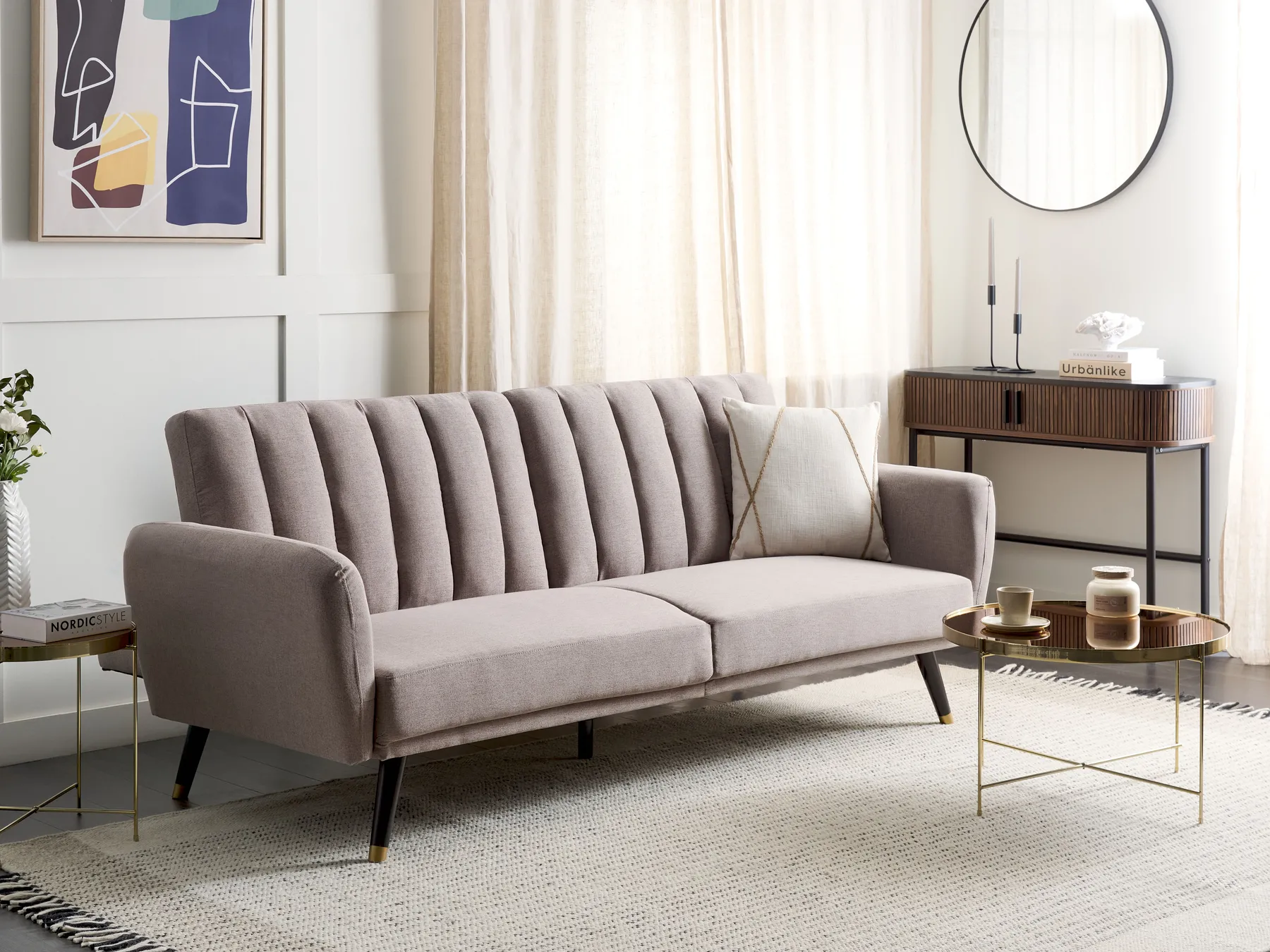 Sofa Bed 3 Seater VIMMERBY Fabric Light Brown_900045