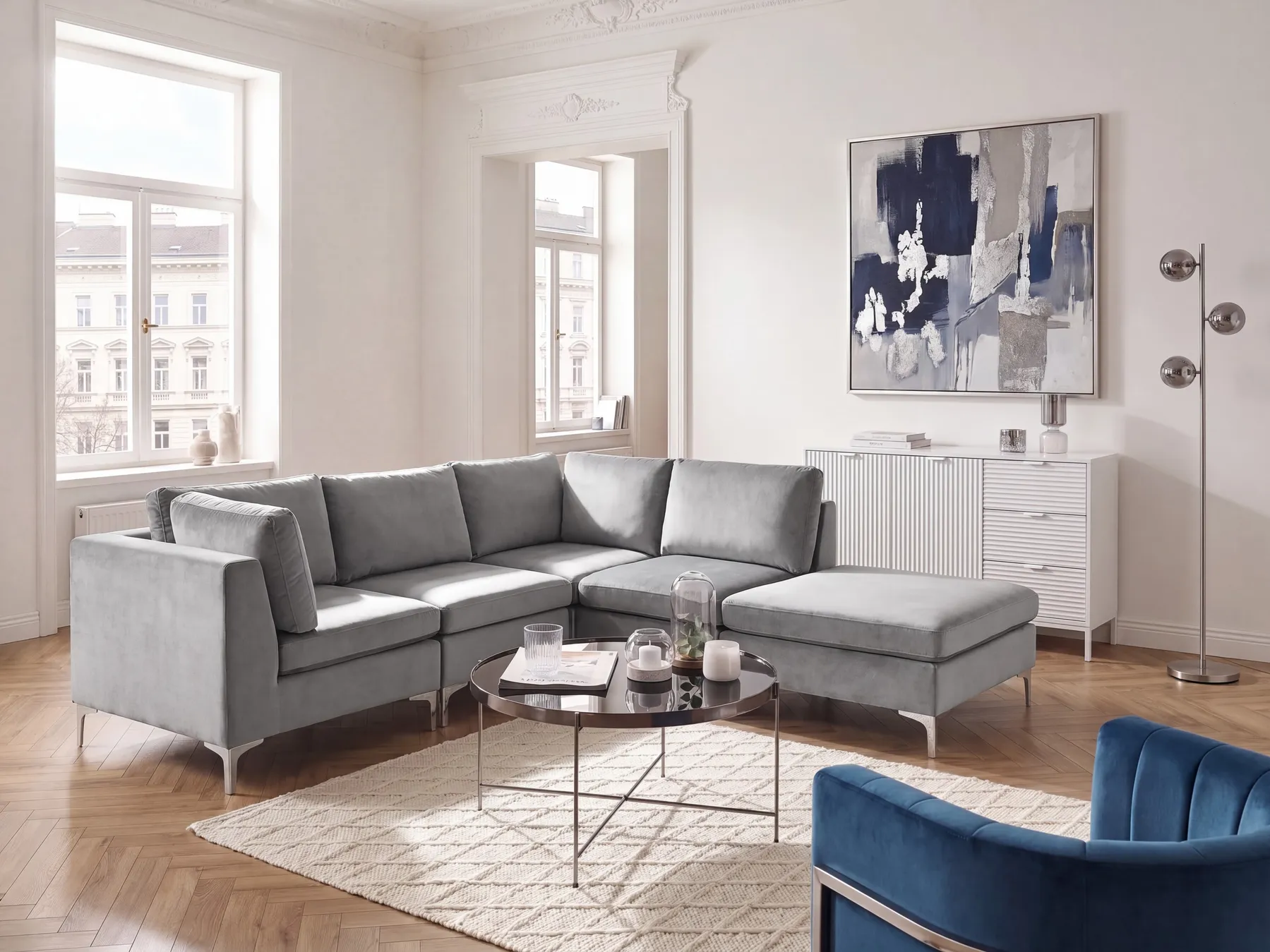 Modular Corner Sofa 4 Seater EVJA with Ottoman Velvet Grey Left Hand_789038