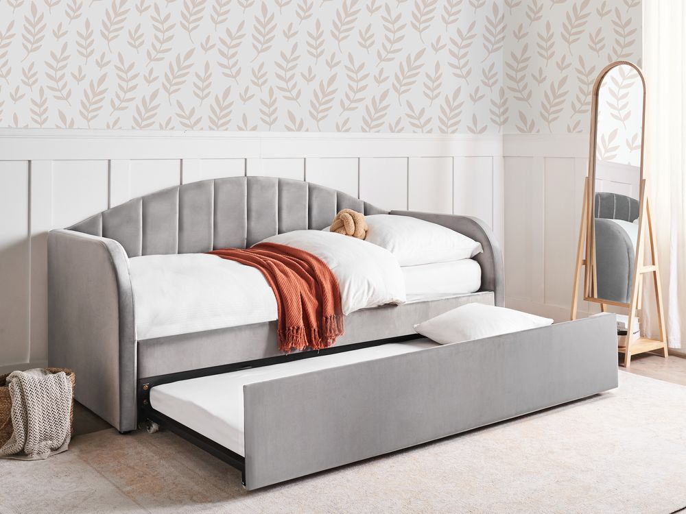 Letto Singolo/giornaliero In Velluto Beige 90x200 Cm, Con Cassetti E Strisce LED Intercambiabili, Senza Materasso