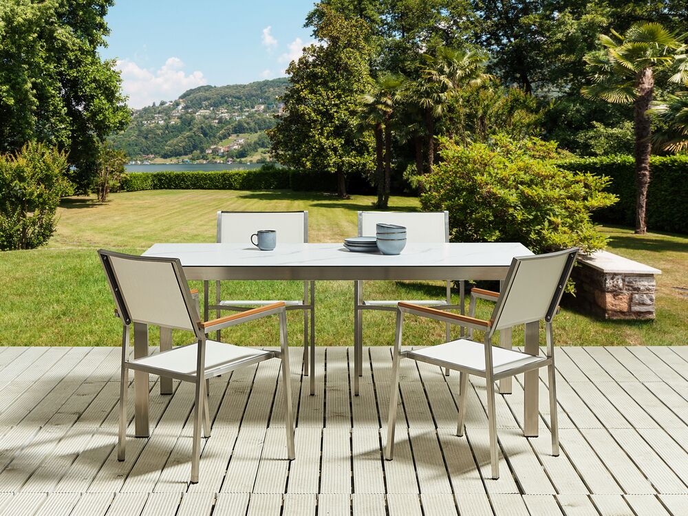4 Seater Garden Dining Set Marble Effect Glass Top with White Chairs COSOLETO GROSSETO Beliani.cz