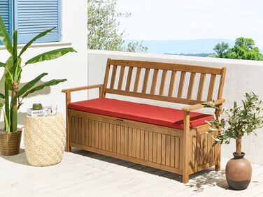 Acacia Wood Garden Bench with Storage 160 cm Light with Red Cushion SOVANA