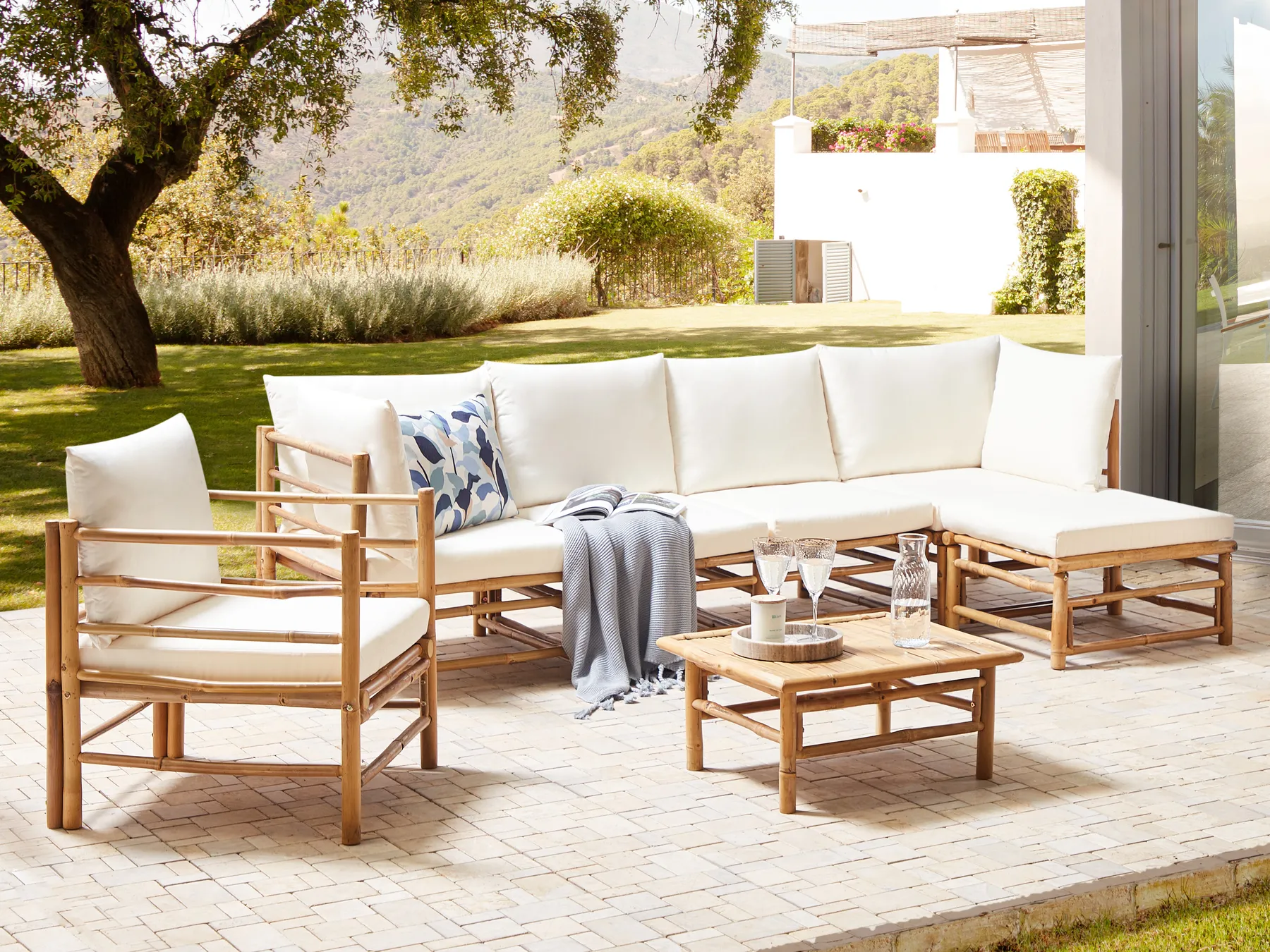 Garden Lounge Set with Table 6 Seater CERRETO Bamboo Off-White Left Hand_909650