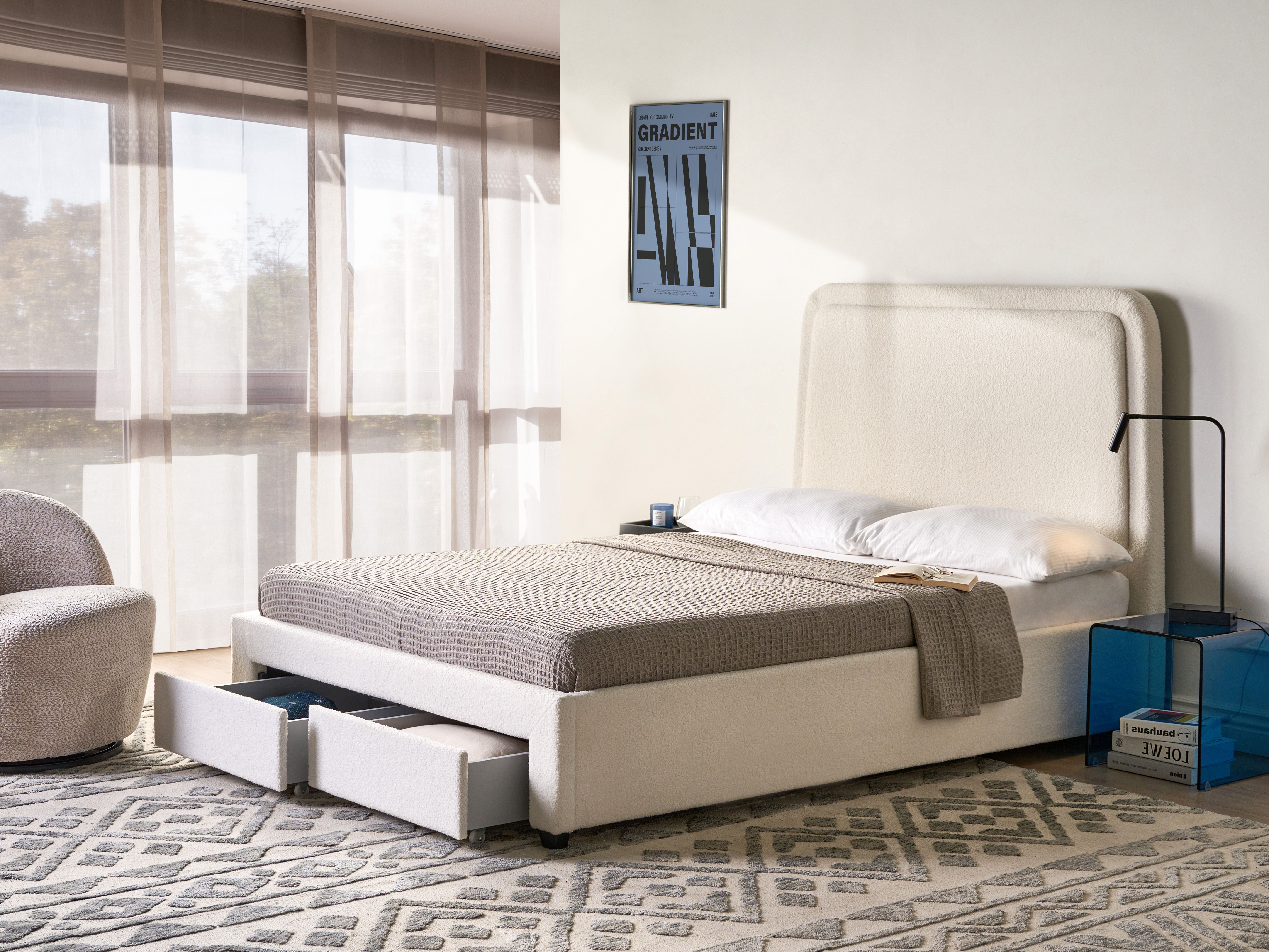 Letto con cassetti contenitori SARDENT Bouclé Bianco sporco 140 x 200 cm_1175198